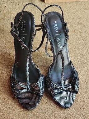 White House Black Market Black and Silver Strappy Heels